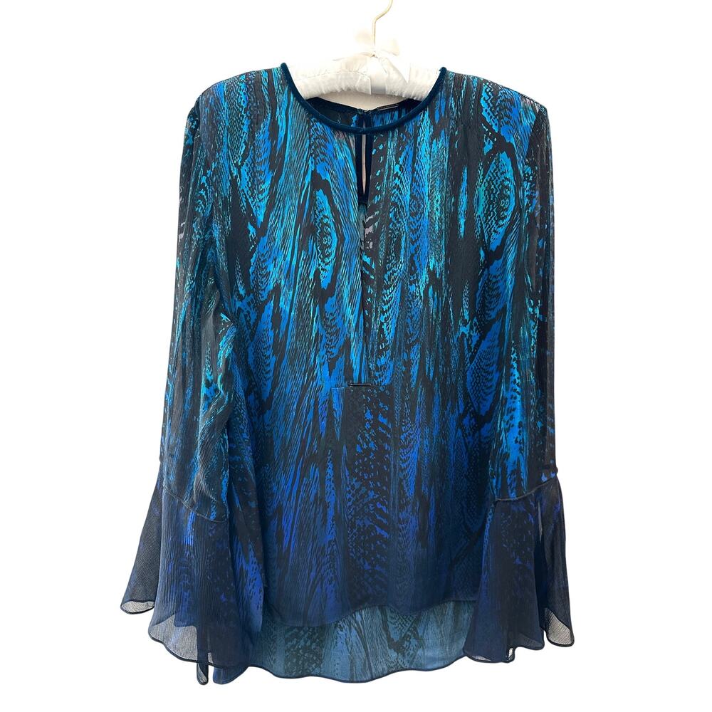 ELIE TAHARI 100% Silk Blue Black Abstract Print Bell Sleeve Blouse Large Evening